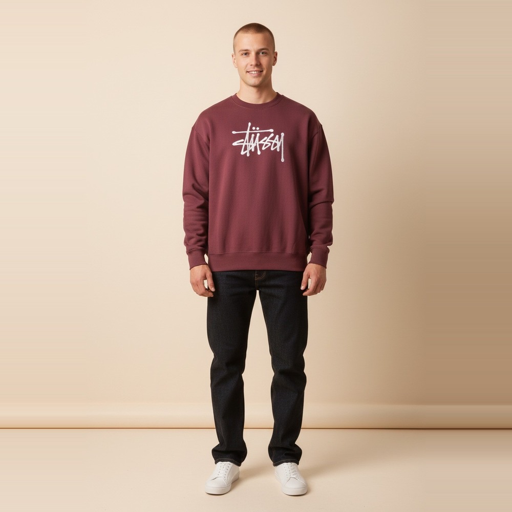 Stussy Mens Reworked Crewneck Sweatshirt Maroon Red White Embroidered Stock Logo